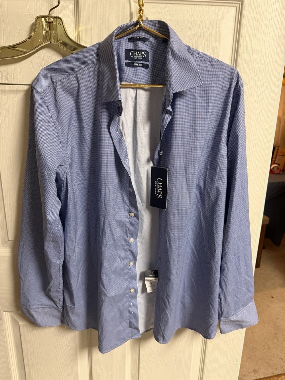 CHAPS Stretch Slim Fit Button Up Wrinkle Resistant Dress Shirt Large Blue 32/33